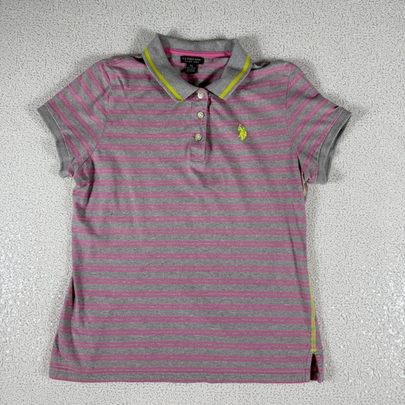 U.S. Polo Assn. Kids XL Striped Polo Shirt Gray Pink Short Sleeve - Picture 2 of 10